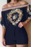 Red Casual Print Basic Off the Shoulder Half Sleeve Two Pieces