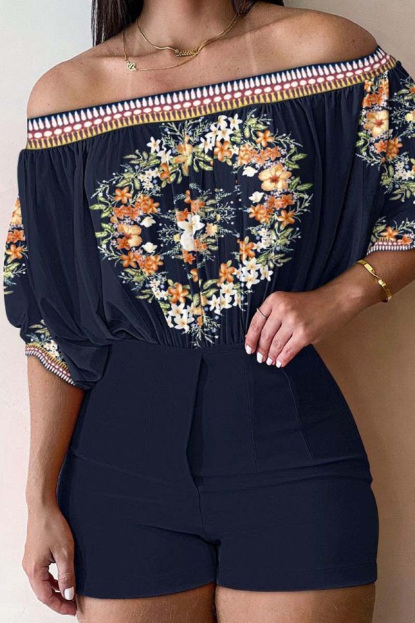 Deep Blue Casual Print Basic Off the Shoulder Half Sleeve Two Pieces