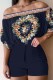 Deep Blue Casual Print Basic Off the Shoulder Half Sleeve Two Pieces