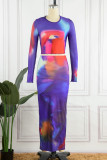 Blue Sexy Print Basic O Neck Long Sleeve Two Pieces