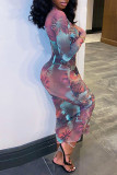 Colour Sexy Print Patchwork O Neck Pencil Skirt Dresses