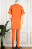 Orange Casual Letter Print V Neck Short Sleeve Two Pieces