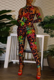 Blue Sexy Print Patchwork O Neck Skinny Jumpsuits
