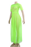 Fluorescent Green Sexy Solid Patchwork See-through Fold O Neck Dresses