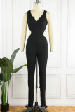 Blue Sexy Solid Backless V Neck Skinny Jumpsuits