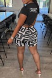 Blue Casual Print Letter O Neck Short Sleeve Two Pieces