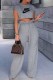 Grey Casual Print Letter O Neck Short Sleeve Two Pieces