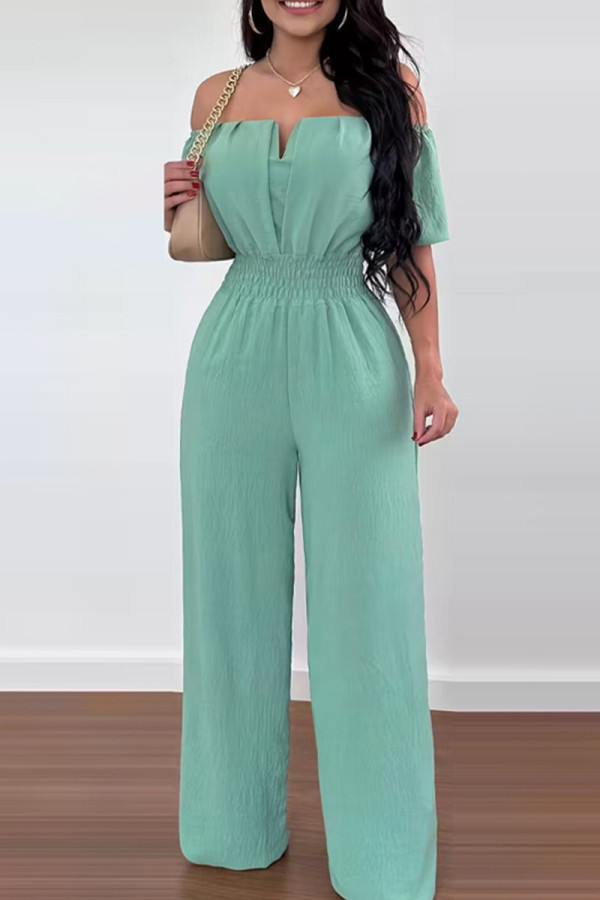 Green Casual Solid Patchwork Off the Shoulder Regular Jumpsuits
