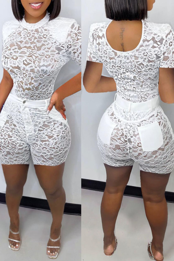 White Sexy Solid Patchwork See-through O Neck Short Sleeve Two Pieces