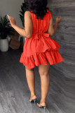 Watermelon Red Casual Sweet Solid Patchwork Flounce With Belt Asymmetrical V Neck A Line Dresses