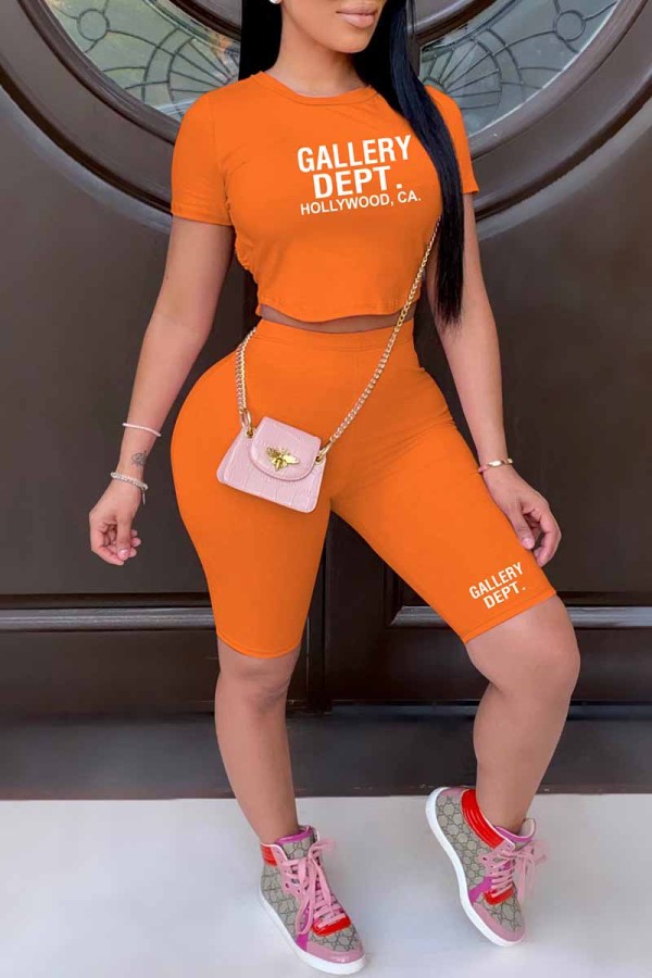Orange Sexy Print Backless Letter O Neck Short Sleeve Two Pieces