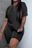 Red Casual Solid Basic O Neck Short Sleeve Two Pieces