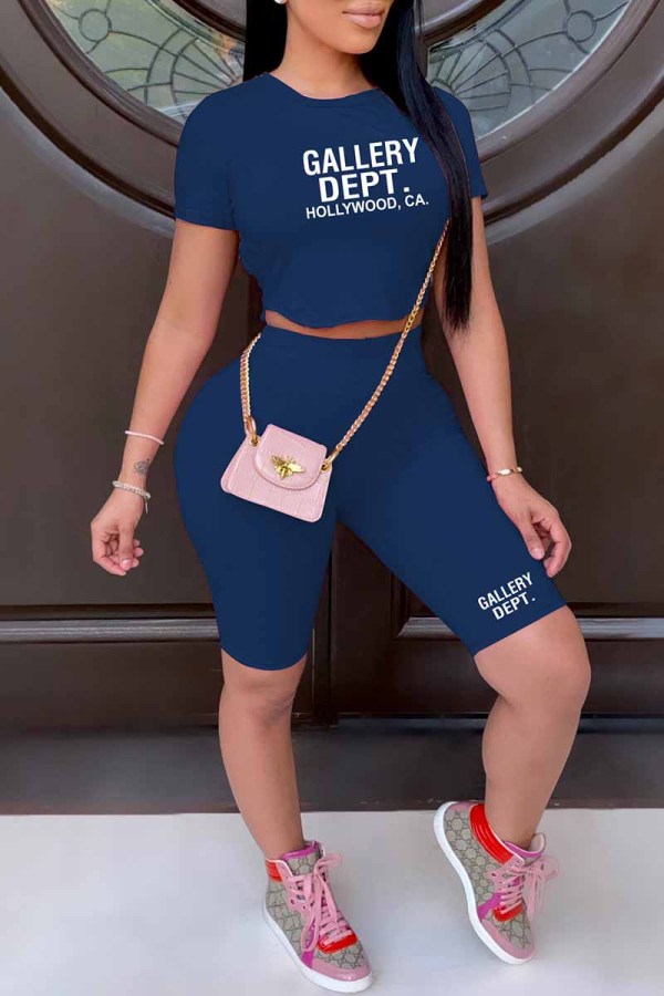 Tibetan Blue Sexy Print Backless Letter O Neck Short Sleeve Two Pieces
