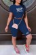 Tibetan Blue Sexy Print Backless Letter O Neck Short Sleeve Two Pieces