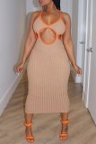 Pink Sexy Solid Hollowed Out Backless Spaghetti Strap Long Dress Dresses