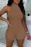 Coffee Sexy Casual Solid Backless Halter Skinny Romper