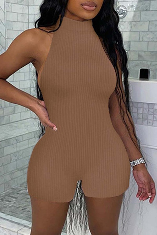 Coffee Sexy Casual Solid Backless Halter Skinny Romper