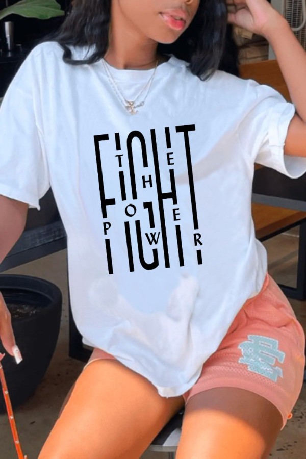 White Casual Letter Print Basic O Neck T-Shirts