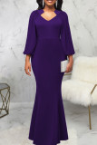 Purple Elegant Solid Patchwork Asymmetrical Collar Evening Dress Dresses