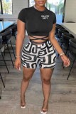 Blue Casual Print Letter O Neck Short Sleeve Two Pieces