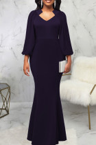 Tibetan Blue Elegant Solid Patchwork Asymmetrical Collar Evening Dress Dresses