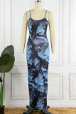 Blue Sexy Print Backless Spaghetti Strap Long Dress Dresses