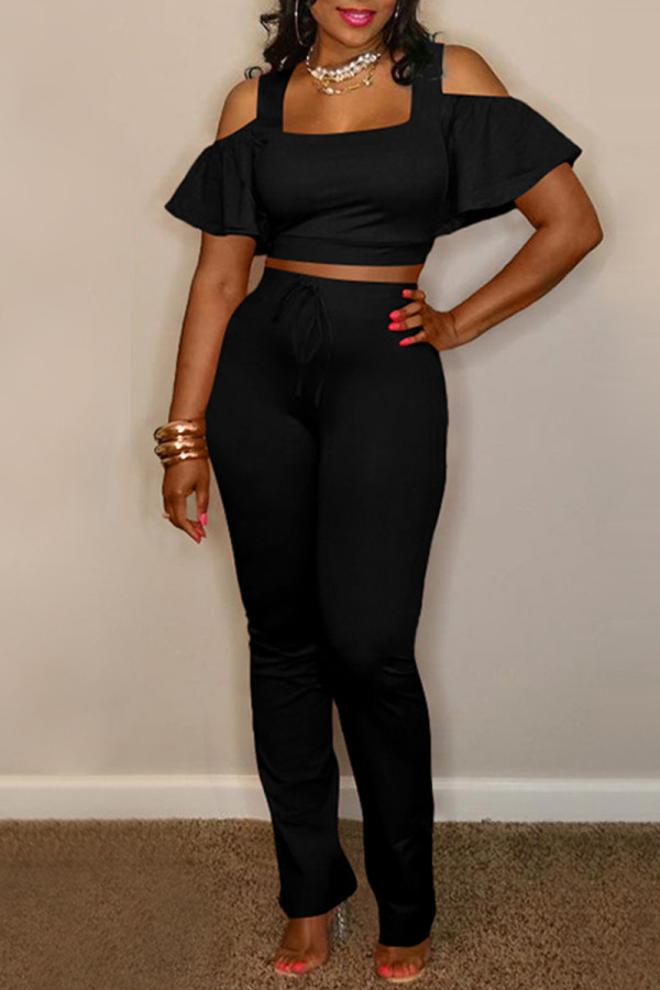 Black Fashion Casual Solid Hollowed Out U Neck Short Sleeve Two Pieces