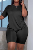 Red Casual Solid Basic O Neck Short Sleeve Two Pieces