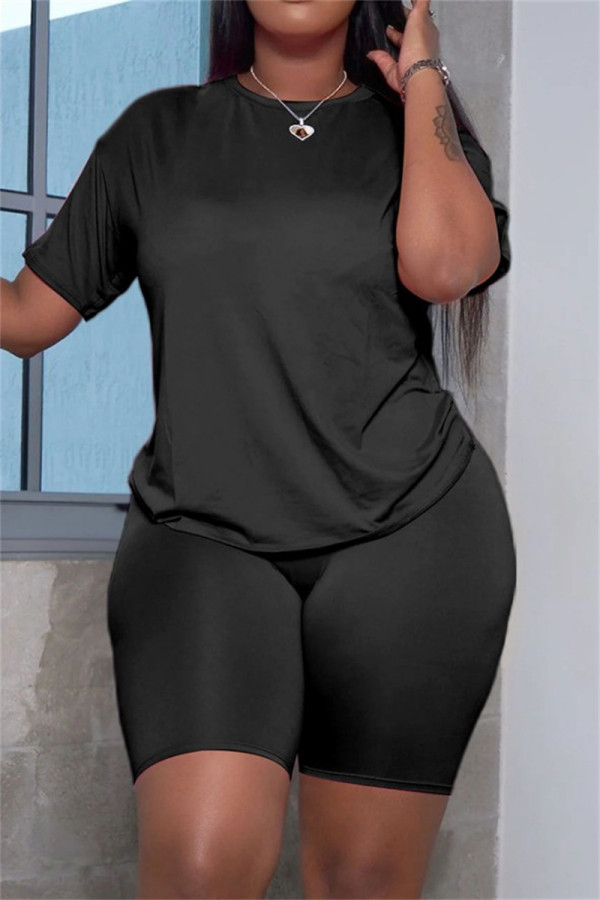 Black Casual Solid Basic O Neck Short Sleeve Two Pieces