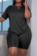 Black Casual Solid Basic O Neck Short Sleeve Two Pieces
