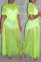 Fluorescent Green Sexy Solid Patchwork See-through Fold O Neck Dresses