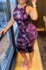 Purple Casual Street Camouflage Print Letter O Neck One Step Skirt Dresses