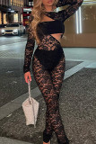Black Sexy Solid Hollowed Out Patchwork See-through O Neck Skinny Jumpsuits(Three Pieces)