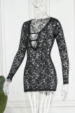 Black Sexy Solid Patchwork See-through V Neck Pencil Skirt Dresses