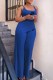 Blue Casual Print Backless Letter Spaghetti Strap Sleeveless Two Pieces