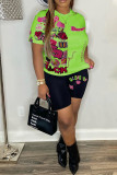 Fluorescent Green Casual Street Print Patchwork O Neck Short Sleeve Two Pieces