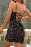Multicolor Sexy Solid Bandage Sequins Patchwork Backless Spaghetti Strap Pencil Skirt Dresses