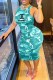 Sky Blue Casual Street Camouflage Print Letter O Neck One Step Skirt Dresses