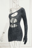 Black Sexy Print Hollowed Out Patchwork Asymmetrical Oblique Collar Pencil Skirt Dresses