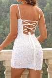 White Sexy Solid Bandage Sequins Patchwork Backless Spaghetti Strap Pencil Skirt Dresses