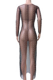 Skin Color Sexy Solid Patchwork See-through Beading O Neck Straight Dresses