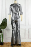 Silver Casual Solid Bandage Patchwork V Neck Straight Jumpsuits