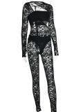 Black Sexy Solid Hollowed Out Patchwork See-through O Neck Skinny Jumpsuits(Three Pieces)