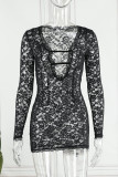 Black Sexy Solid Patchwork See-through V Neck Pencil Skirt Dresses