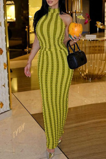 Green Yellow Sexy Striped Print Patchwork Backless Halter Pencil Skirt Dresses