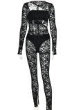 Black Sexy Solid Hollowed Out Patchwork See-through O Neck Skinny Jumpsuits(Three Pieces)