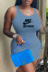 Light Blue Fashion Casual Print Letter U Neck One Step Skirt Dresses