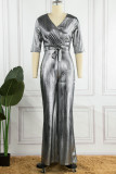 Silver Casual Solid Bandage Patchwork V Neck Straight Jumpsuits