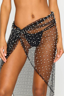 Black Sexy Solid Bandage Patchwork See-through Beading Asymmetrical Straight Patchwork Bottoms