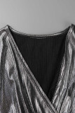 Silver Casual Solid Bandage Patchwork V Neck Straight Jumpsuits